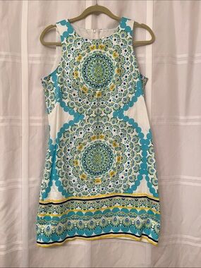 London Times Turquoise, Yellow & White Medallion Shift Dress